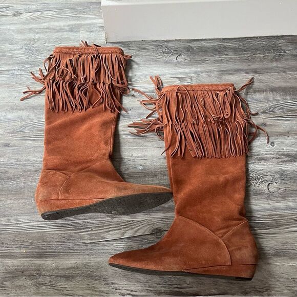 Gianni Bini rust suede knee high tall slouchy fringed boots with 1" wedge - Picture 3 of 14